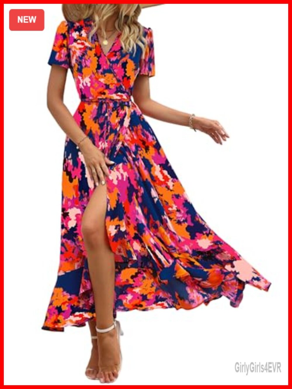 Women's Boho Floral Maxi Dress Wrap V Neck Short Sleeve High Split Ruffle